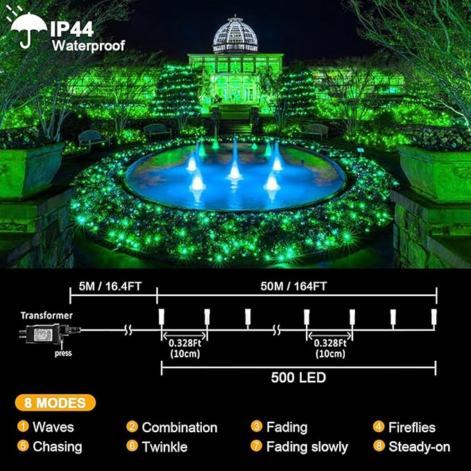 kemooie 500 LED Green St. Patrick's Day Lights, 164 FT 8 Lighting Mode with Memory Plug in Waterproof Fairy Lights, for Outdoor Birthday Christmas Wedding Party Garden Balcony Decorations (Green)