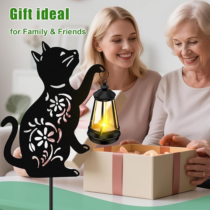 Solar Garden Statues Cat Decor - Outdoor Metal Lantern Silhouette Stake, Waterproof Solar Lights for Yard Patio | Lumora