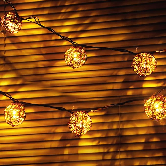 Rattan Ball String Lights Plug in Fairy Lights for Thanksgiving Decorations Indoor Outdoor Patio Garden Balcony | Lumora