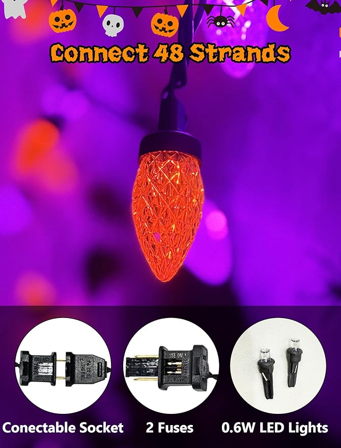 26FT Halloween String Lights Outdoor, 50 C7 LED Orange and Purple String Lights, Plug-in Halloween Patio Decorative Lights for Indoor Christmas Backary Porch House Holiday Party Decor