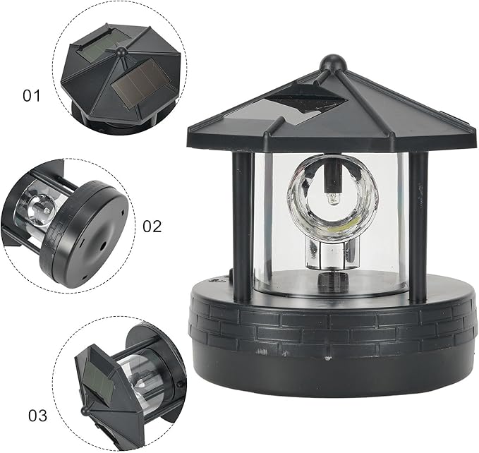 Solar Powered Lighthouse, for 360 Degree Rotating Lamp IP65 Solar Lighthouse Landscape Path Lights Garden Yard Outdoor Decor(Black)
