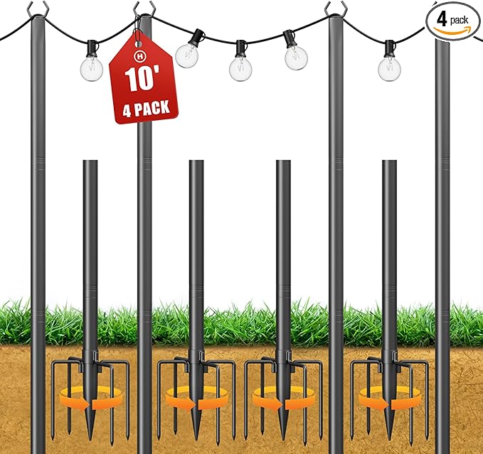 String Light Poles for Outside, 10ft Adjustable Metal Poles for Outdoor String Lights Hanging Light, Outdoor Light | Lumora