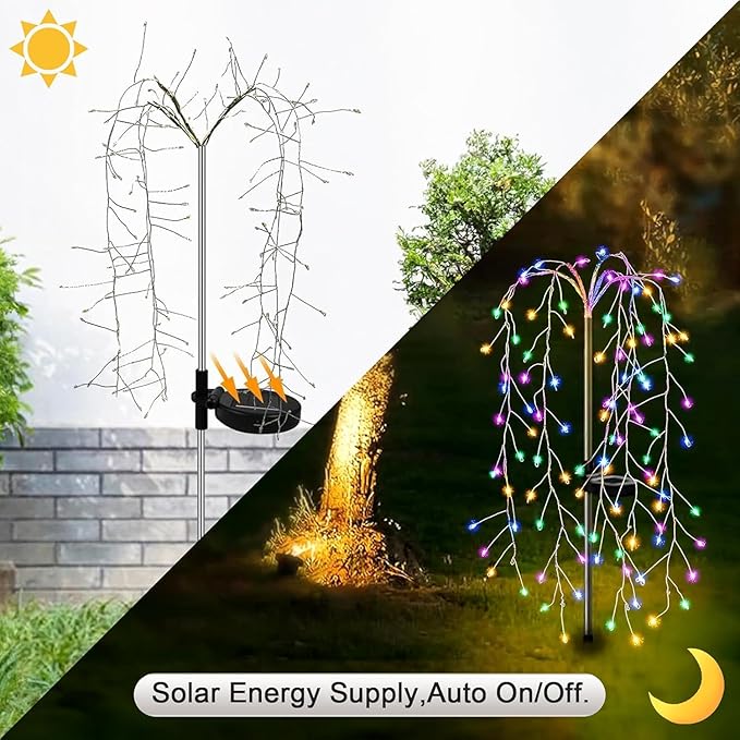 Solar Garden Christmas Lights, 1Pack Solar Willow Tree Lights, 200LEDs Solar Fairy Pathway String Lights 8 Modes Waterproof Copper Wire for Home Yard Christmas Decoration