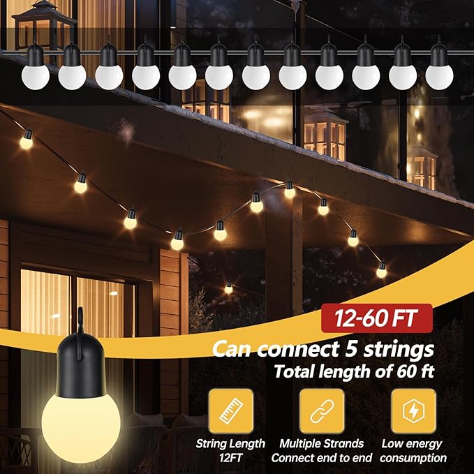 12FT Warm White LED Outdoor String Lights, Waterproof Dew Table Lamps, shatterproof Spherical Bulbs, Porch | Lumora