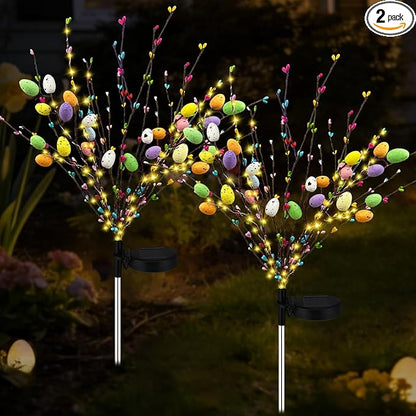 2 Pack Solar Easter Egg Lights Outdoor, 96 LED Waterproof Solar Easter Yard Decorations Outdoor Easters Yard Stakes Lights with 2 Lighting Modes for Outside Lawn Walkway Patio Cemetery Grave