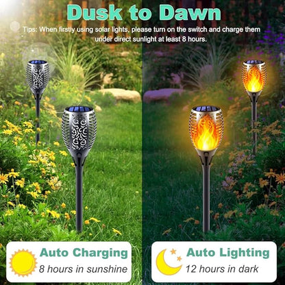 Solar Torch Lights with Flickering Flame, Fire Effect Garden Light, Auto On/Off Dust to Dawn, Outdoor Waterproof Landscape Decoration, Solar Powered Security Torch Light for Patio, 4 Pack