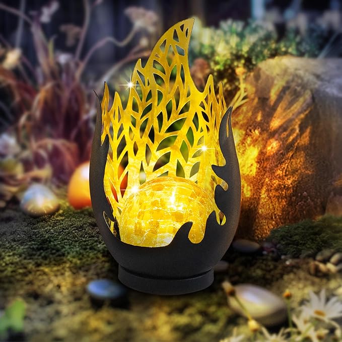 Huaxu Solar Lights Outdoor Decor Waterproof Metal Cracked Glass Globe with Gray Flame Effect, Table Decorations LED Lamp Gift for Garden Lovers Mom Women Patio Lawn Yard Pathway Outside