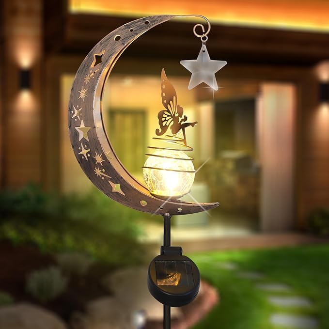 Solar Lights Outdoor Garden,Moon Fairy Solar Light, Decorations Crackle Glass Globe with Angel Pathway Stake Light, Waterproof Lights for Pathway Lawn Patio, Black