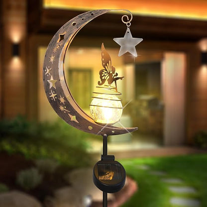 Solar Lights Outdoor Garden,Moon Fairy Solar Light, Decorations Crackle Glass Globe with Angel Pathway Stake Light, Waterproof Lights for Pathway Lawn Patio, Black