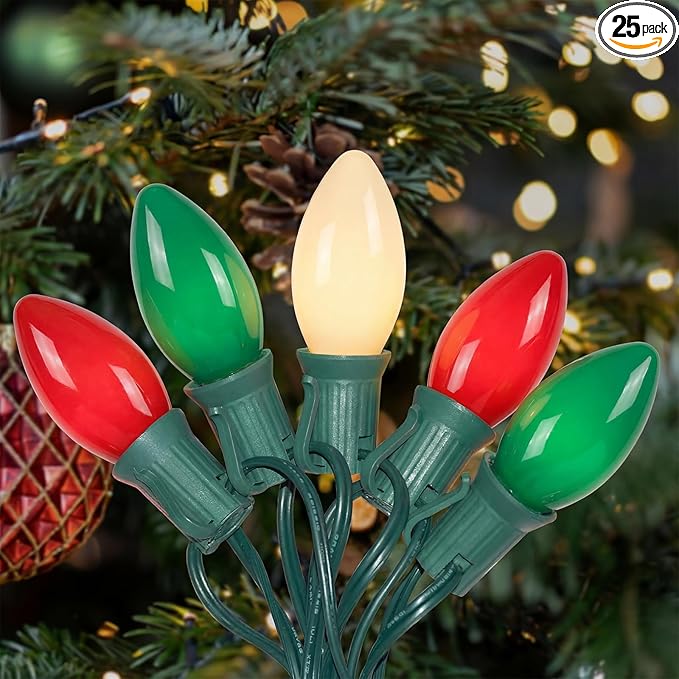 C9 Red Green White Christmas Lights, 25FT Multicolor Christmas Decorations String Lights with 26 Ceramics Bulbs | Lumora