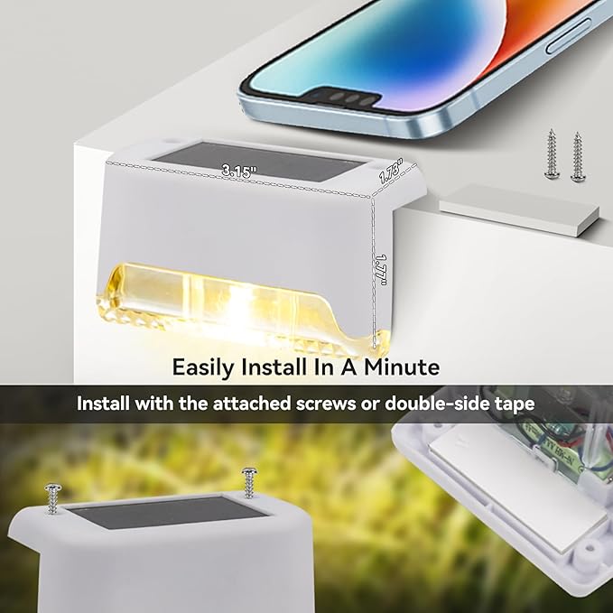 4 Pack Solar Deck Lights Outdoor Small Waterproof LED Step Lamp Outside Decoration Lighting for Stairs, Railing, Fence, Patio, Pool, Balcony, Retaining Wall, Patio, No Drill Instal(White Shell)