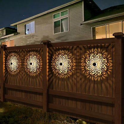 4 Pack Solar Fence Lights Metal Solar Powered Outdoor Wall Deck Step Lights Mandala Theme Waterproof Fence Light for Garden Post Patio Backyard Decor (4 Pack)