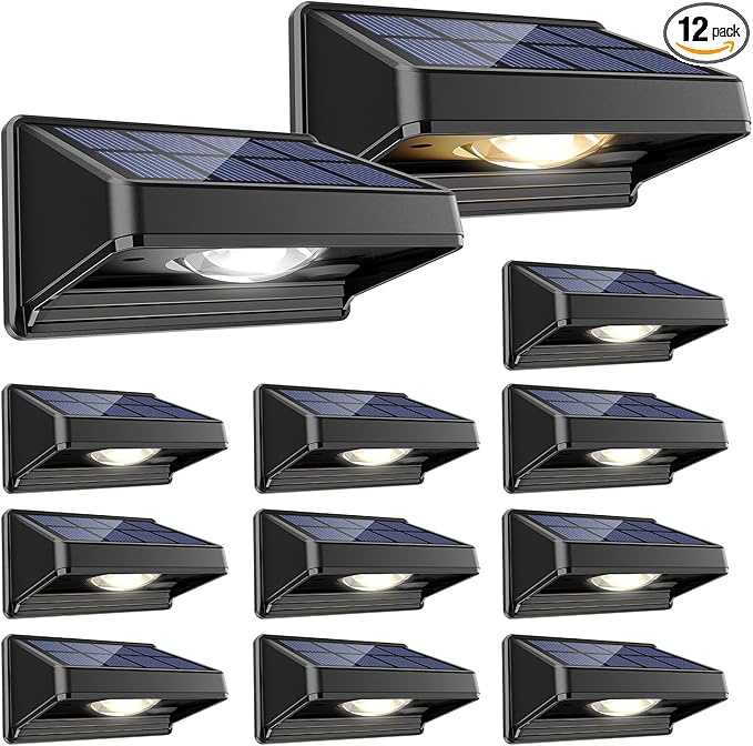 Solar Fence Lights, Warm White & Neutral White & Cool White 3 Modes, Bright Led Powered Lights Outdoor Waterproof Dusk to Dawn Solar Deck Light for Backyard/Railing/Wall/Step/Patio/Porch（12 Pack）