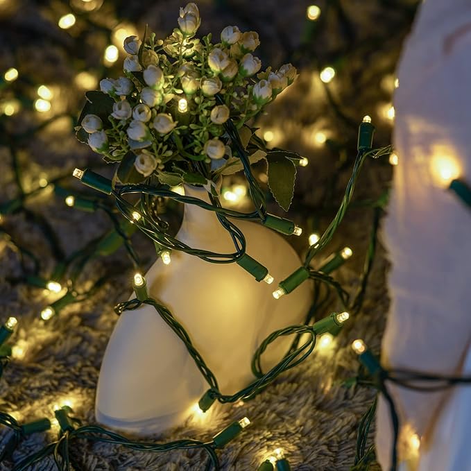 YULETIME 200 Warm White Wide Angle LED Christmas Lights, 66 Feet Green Wire UL Certified 5mm Holiday String Light Set (Warm White)
