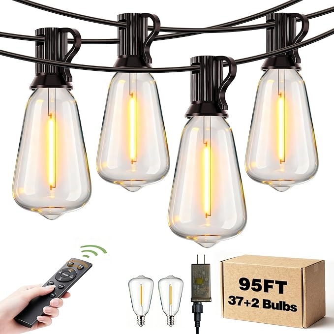 Outdoor String Lights Dimmable Waterproof with Remote, 95FT 37 Shatterproof ST38 Edison LED Bulbs Hanging Outside Light for Patio, Backyard, Porch, Deck, Balcony, Garden