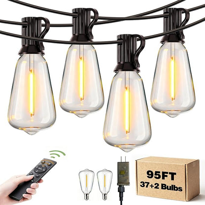 Outdoor String Lights Dimmable Waterproof with Remote, 95FT 37 Shatterproof ST38 Edison LED Bulbs Hanging Outside Light for Patio, Backyard, Porch, Deck, Balcony, Garden