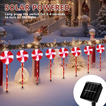 Christmas Solar Pathway Lights, 27" Set of 8 Lollipops Peppermint Stake Lights, 8 Modes Candy Cane Walkside Lights, Outdoor Xmas Decoration for Walkway,Yard(8PCS-Red)