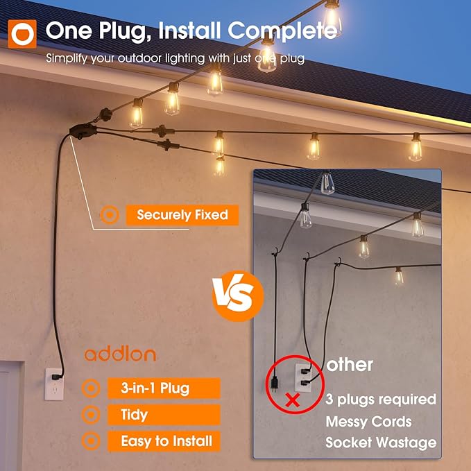 addlon 50FT Solar String Lights with 1-to-3 Extension Cord String Lights - 160FT Total (3x50FT String Lights + 10FT Splitter)