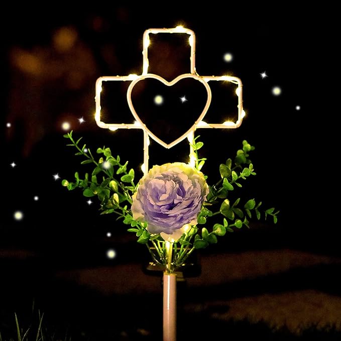 16 Inch Solar Cross Garden Stake Lights with 1 Artificial Flower Metal Garden Art for Patio Lawn Garden Decor Solar | Lumora