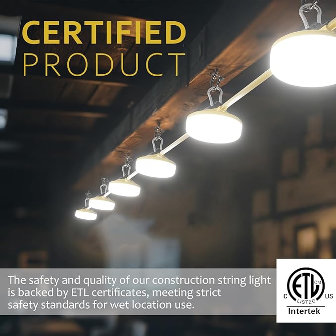 LED Construction String Lights 50FT, 5000 LM, 5000K Daylight LED String Work Lights, 50W Temporary Lighting for Job Site Outdoor Indoor, IP65 Waterproof Temporary Construction Lights, ETL Listed