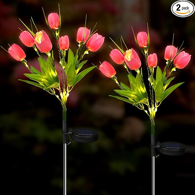 Aolyty Solar Garden Lights Outdoor, Solar Tulip Lights 2 Pack with 14 Tulip Flowers, IP65 Waterproof LED Stake Light for Pathway Patio Yard Landscape Decorative (Pink)