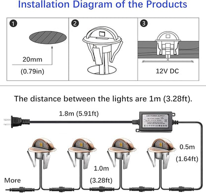 LED Outdoor Deck Lights Kits, Φ1.38in Warm White 10 Pack Bronze, Low Voltage 12V DC IP65 Waterproof, Electric Wired Recessed Stair Step Riser Mini Under Landscape Lighting for Exterior Floor