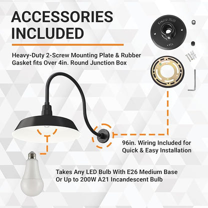 17in. Satin Black Outdoor Gooseneck Barn Light Fixture With 24in. Long Extension Arm - Wall Sconce Farmhouse, Vintage, Antique Style - UL Listed - 9W 900lm A19 LED Bulb (5000K Cool White)