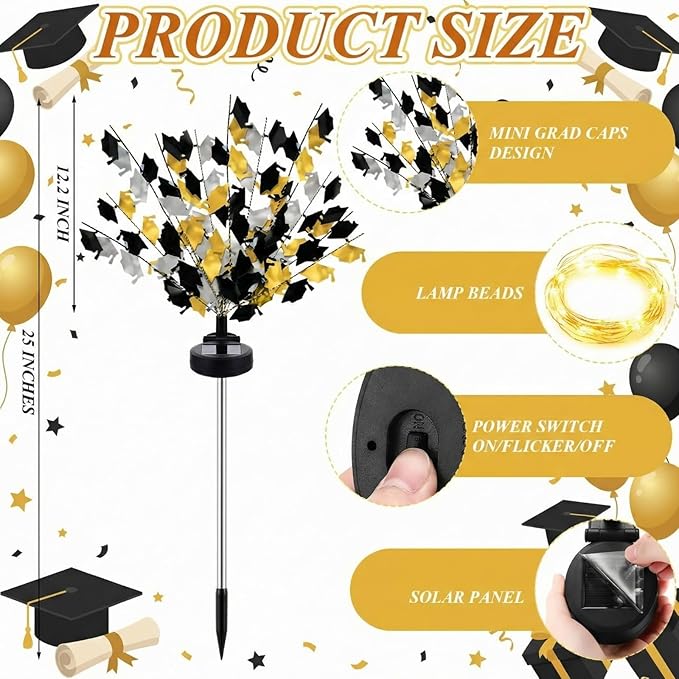 VIHOSE 2 Pack 2026 Graduation Decorations Solar Stake Lights - Gold Black Silver Grad Cap LED Yard Sign, Ip65 Waterproof Solar Powered Outdoor Lights for Class of 2026 Party Lawn Pathway Patio Decor