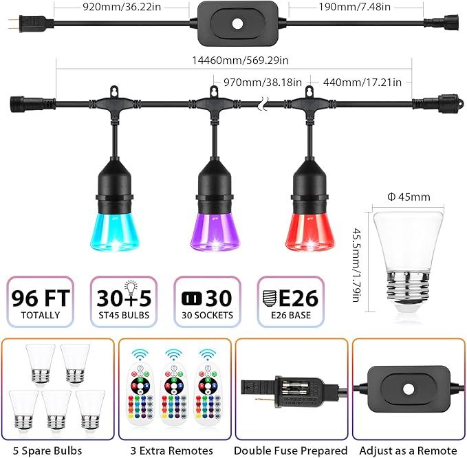 2-Pack Each 48FT Outdoor RGB Patio Lights, Cafe LED String Lights with 30+5 E26 Shatterproof Waterproof Bulbs, Christmas Colorful Dimmable String Lights for Bistro Backyard Garden, 3 Remotes, 96 FT