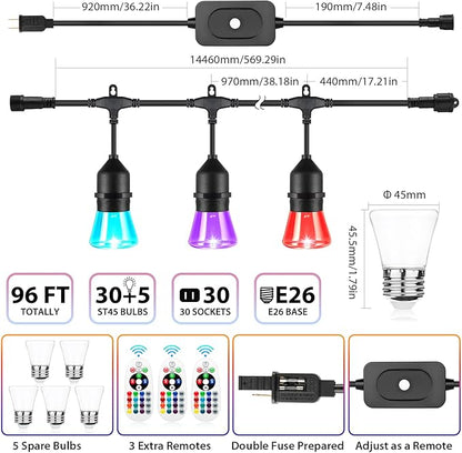 2-Pack Each 48FT Outdoor RGB Patio Lights, Cafe LED String Lights with 30+5 E26 Shatterproof Waterproof Bulbs, Christmas Colorful Dimmable String Lights for Bistro Backyard Garden, 3 Remotes, 96 FT
