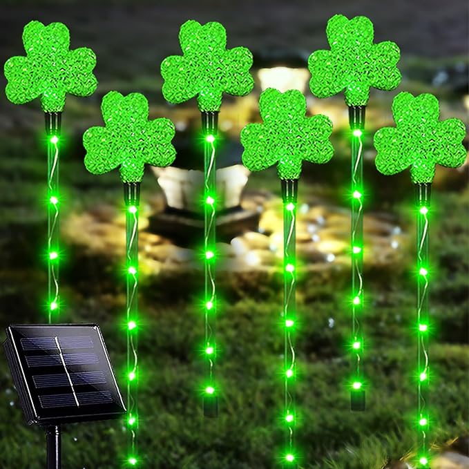 Shamrock Solar Lights for St Patrick's Day Decorations - Outdoor Waterproof 6Pack 48LED Green Garden Stake Light 8 Modes Lucky Clover for Yard, Pathway Decor