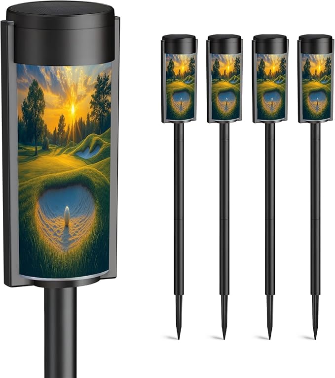 4 Pack Solar Pathway Lights Outdoor Waterproof Golf Course Landscape Sunset Golfing Sport Sand Bunker Sun Trees Solar Garden Lights LED Landscape Lighting for Yard Walkway Lawn Garden Decor
