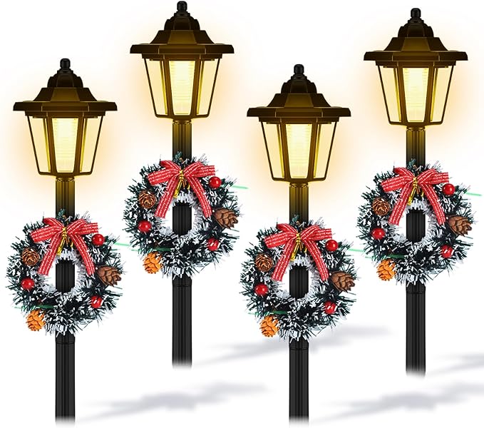 VIHOSE 4 Pcs 21.3 Inch Christmas Solar Pathway Lights Outdoor Waterproof Solar Christmas Street Lights with Ribbon Accessories Outdoor Lights for Yard Pathway Walkway Holiday Decor(Wreath)