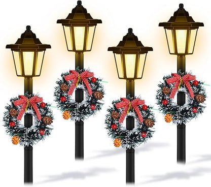 VIHOSE 4 Pcs 21.3 Inch Christmas Solar Pathway Lights Outdoor Waterproof Solar Christmas Street Lights with Ribbon Accessories Outdoor Lights for Yard Pathway Walkway Holiday Decor(Wreath)