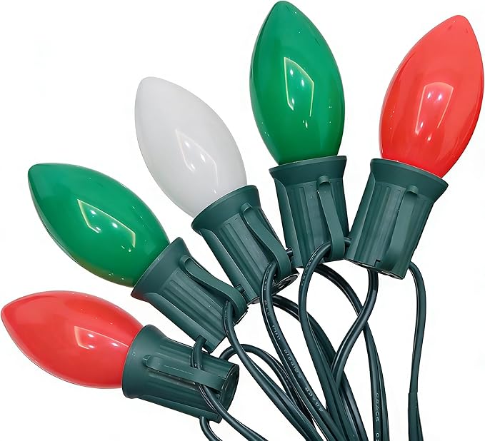 C9 LED Christmas Lights Outdoor, 25Ft Outdoor Valentine's Day Decorations String Lights with 26 C9 LED Red White Green Bulbs, Hanging Vintage Christmas Light for Garden Party Porch Pathway Roofline