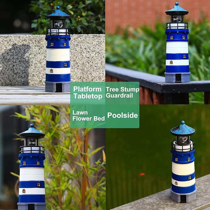 Lighthouse with Rotating Beacon LED Lights - Solar Lighthouse Lamp Outdoor Decorative for Garden Patio Well Cover Gifts (Blue1)
