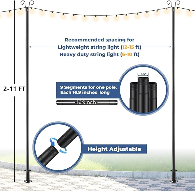 Heavy Duty Adjustable Light Pole for String Lights 1 Pack- 38mm Rust-Proof Metal Post with Deck & Fence Mount | Lumora