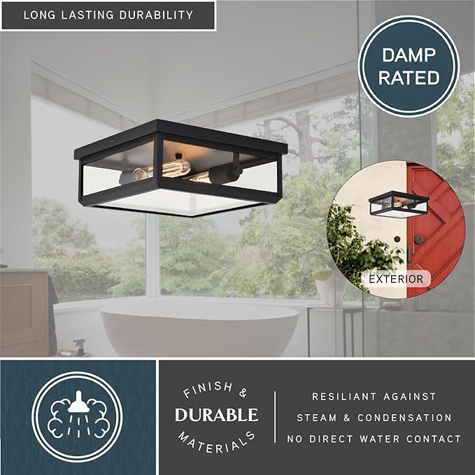 VAXCEL Kinzie Black Outdoor Square Flush Mount Ceiling Light with Clear Glass | Lumora