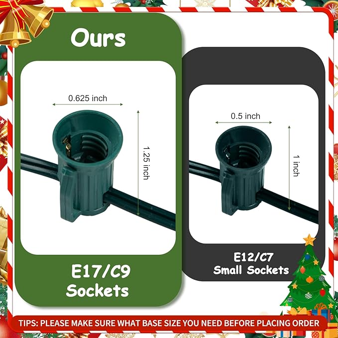Minetom C9 Light Strand, 100 FT Christmas Stringer with 100 Sockets for Outdoor String Light, Connectable, Intermediate Base (C9/E17) - 12" Spacing, Green Wire, Note (Only Use for C9 LED Bulb)