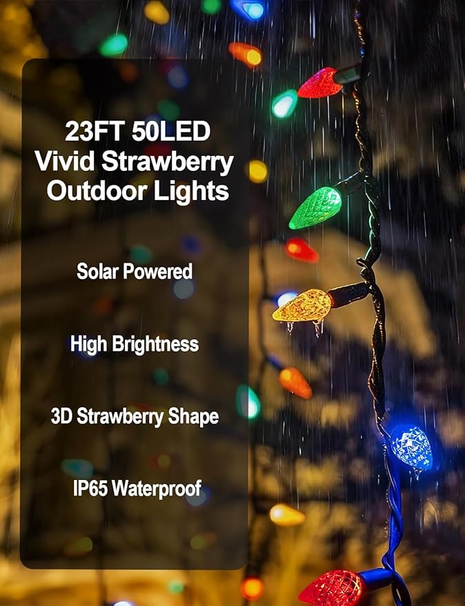 2 Pack Solar Christmas Lights Outdoor C6 Strawberry String Lights, LED Christmas Fairy Lights 50 LEDs Solar Operated Rechargeable Garden Lights for Christmas Tree, Arbor Decor