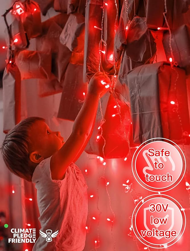 33FT 100 LED Red Valentine Lights, Connectable Red Christmas String Light Waterproof,8 Modes Clear Wire Twinkle Lights Outdoor Plug in for Valentine's Day, Wedding, Party, Christmas Decoration