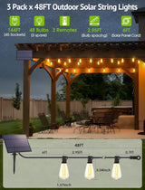 144FT(3x48FT) Solar Outdoor String Lights with Remote & Timer, Waterproof Dimmable Patio Lights with 45+3 ST38 LED | Lumora