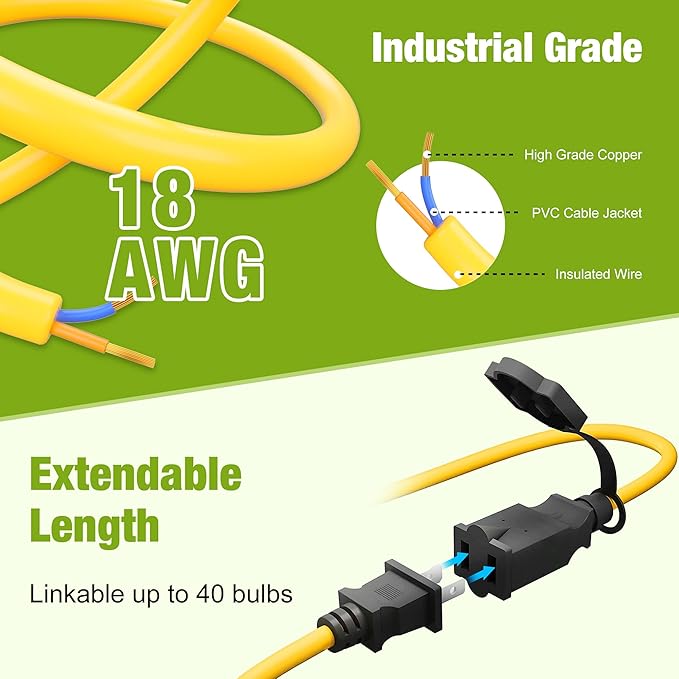 YXL 8000LM 65W Construction String Lights, 50FT Industrial String Work Lights, IP65 Waterproof 18AWG Wire 5000K Super Bright for Construction Sites Temporary Work Jobsites Outdoor Lighting (2Prong)