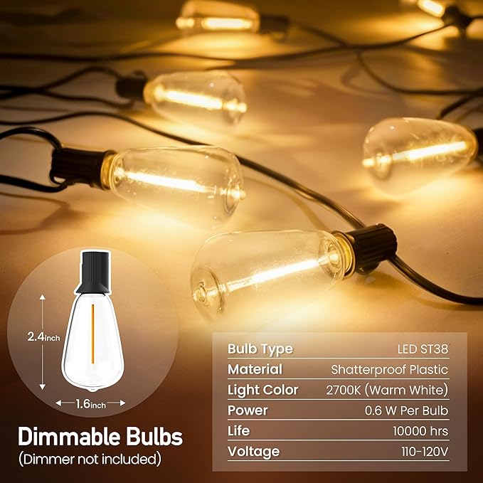 Outdoor String Lights 26 FT 14 Shatterproof LED Bulbs, UL Certified Patio Lights Outdoor Light Strings Waterproof for Patio Yard Outside Party Wedding, Connectable Dimmable 13 Sockets 2700K