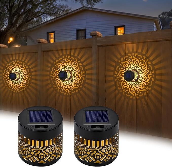 Decorative Solar Mandalas Lights Solar Metal Mandalas Fence Light Waterproof IP65 Deck Step Wall Lights Garden Patio Backyard Post Holiday Gift 2pcs
