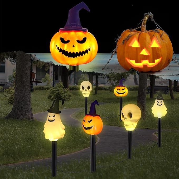 6 Pack Halloween Decorations Outdoor Solar Stake Lights Halloween Lights Waterproof for Garden Patio Yard Pathway Grave Lawn Porch Party Decor(White Skull)