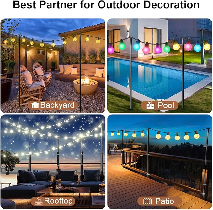 6 Pack String Light Poles for Outside, Heavy-Duty Metal Poles for Outdoor String Lights with Fork, Adjustable | Lumora