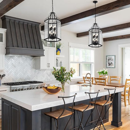 14" Modern 8-Light Exterior Black Lantern Pendant Light Fixture with Clear Rippled Glass Mini Industrial Hanging Cage Chandelier for Outdoor Kitchen Dining Room Hallway Entryway Foyer Porch