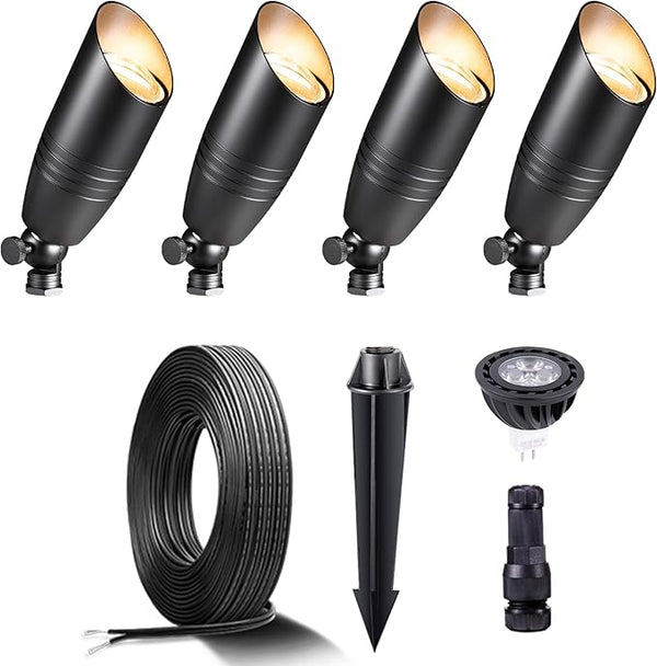 Gardenreet Black Brass Landscape Lighting Kit (4-Pack LED Spotlights) with 100 Feet Cable and 20Pack Wire | Lumora