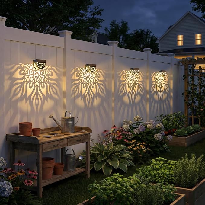 4 Pack Solar Fence Lights Outdoor Wall Lights Plastic Solar Powered Deck Step Stair Lights Mandala Theme Waterproof Fence Solar Light for Garden Post Patio Yard Decor, Gardening Gifts for Women Mom